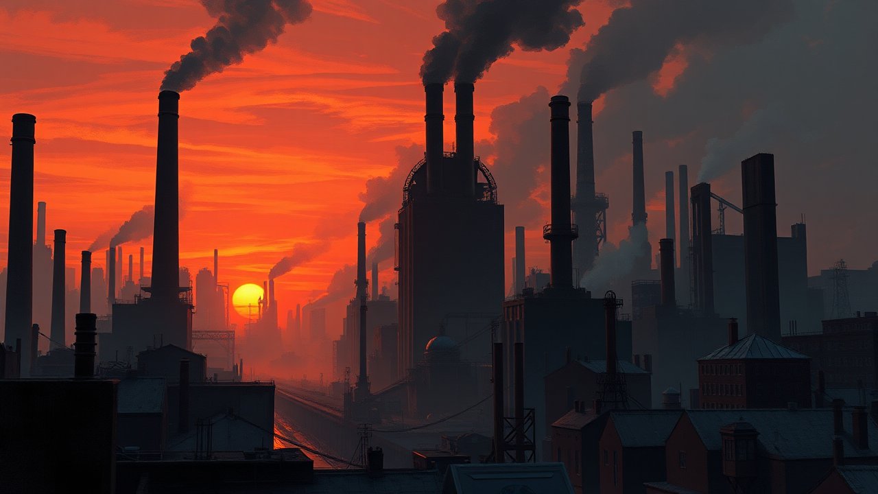 Industrial Cityscape at Sunset with Smokestacks