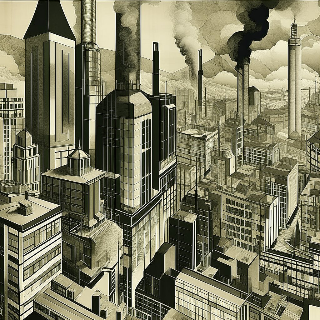 Industrial Cityscape with Smokestacks in Monochrome