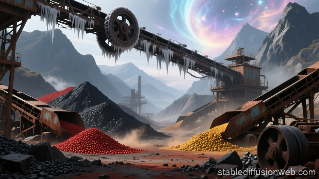 Industrial Ore Yard with Colorful Mineral Piles in Mountainous Landscape