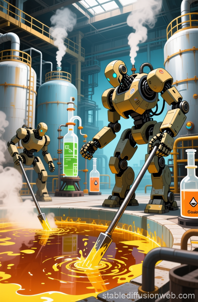 Industrial Robots Working in a Futuristic Factory