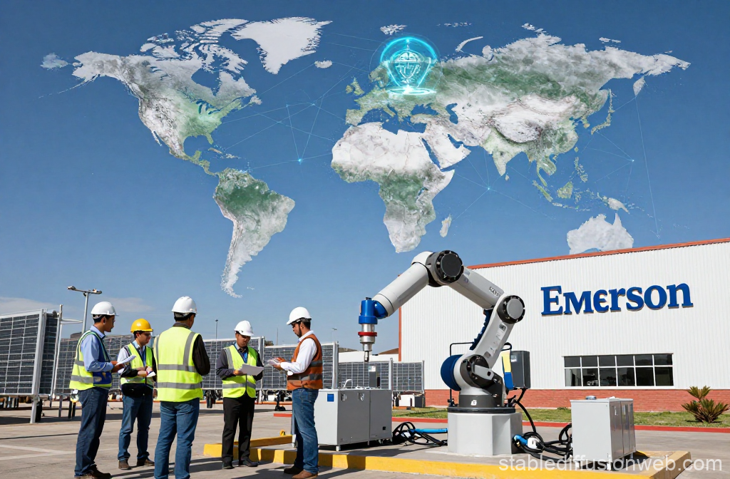 Industrial Team Working with Robotic Arm and Global Network Overlay