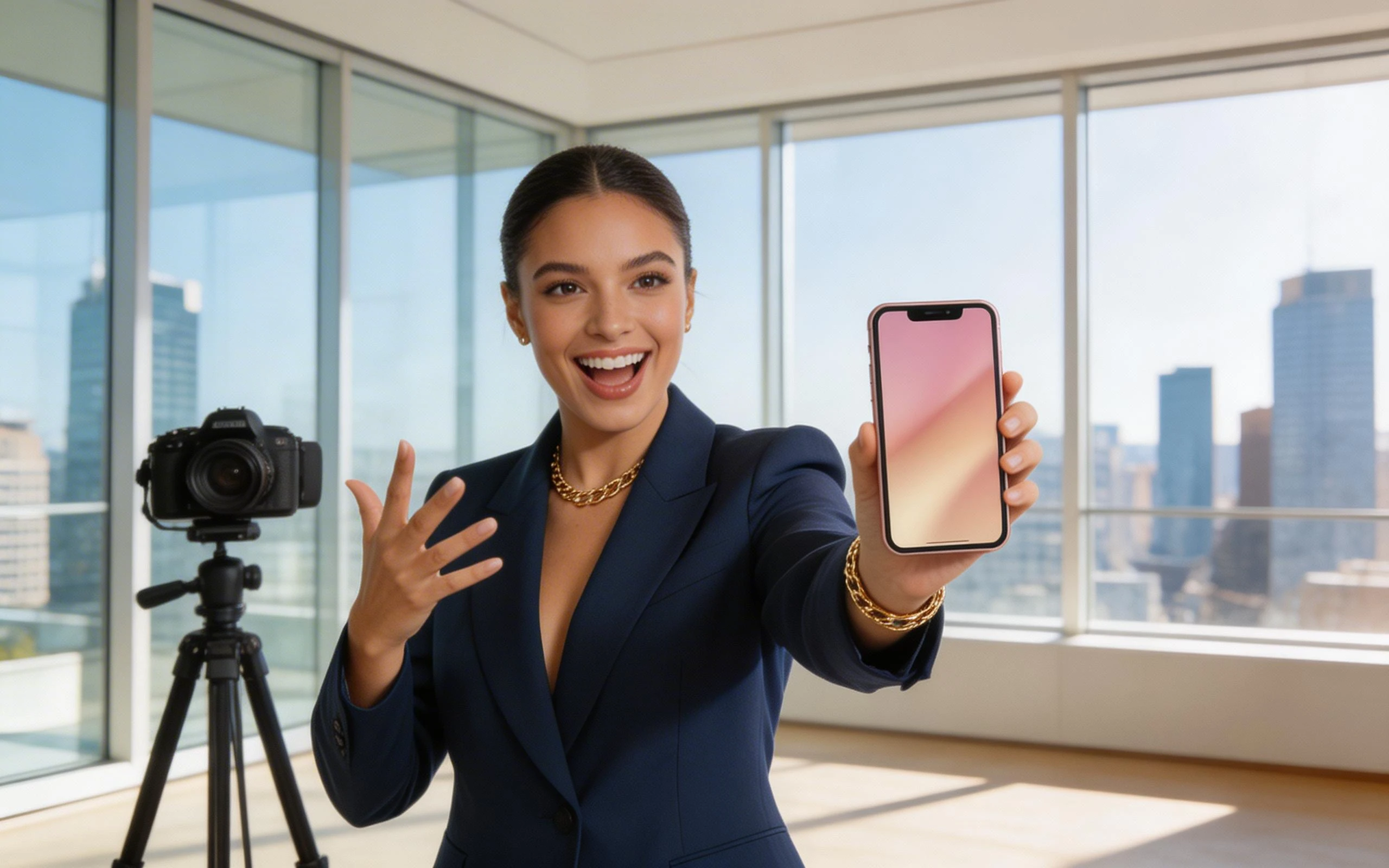 Influencer Presenting Smartphone in Modern Office