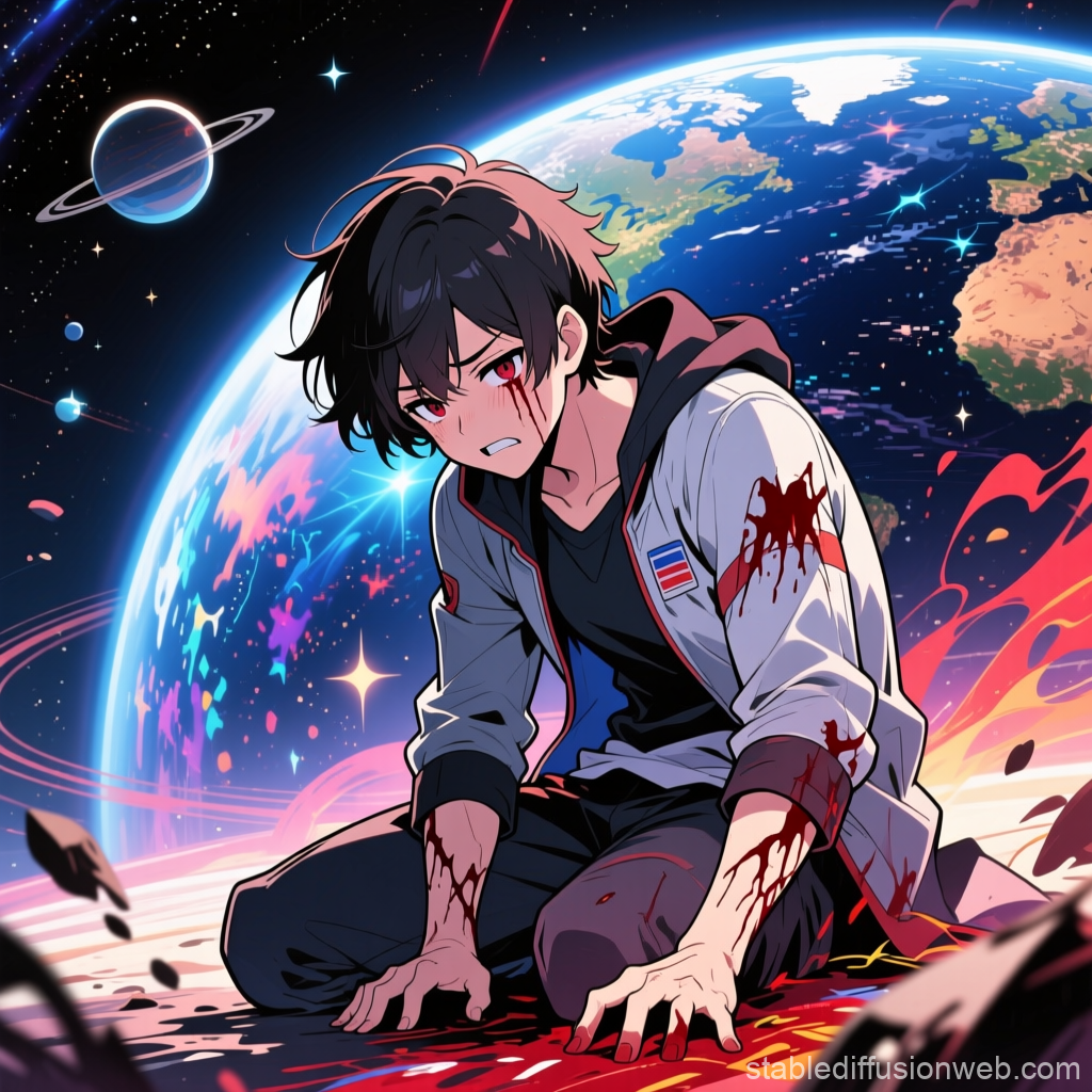 Injured Anime Boy in Space with Earth Background