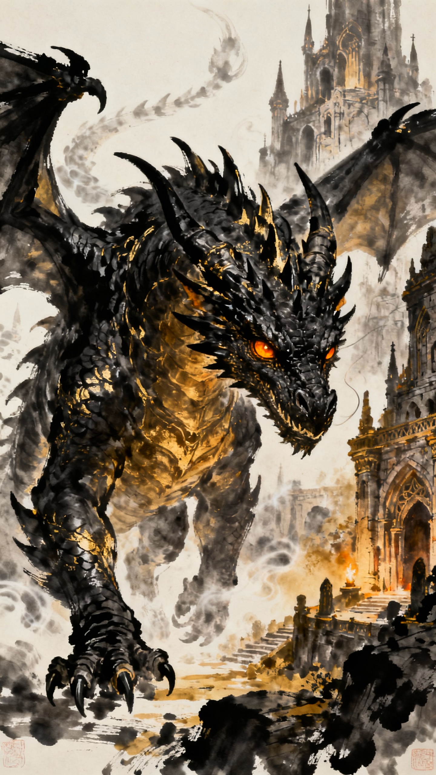 Ink Brushwork of a Fierce Black Dragon Near Gothic Castle