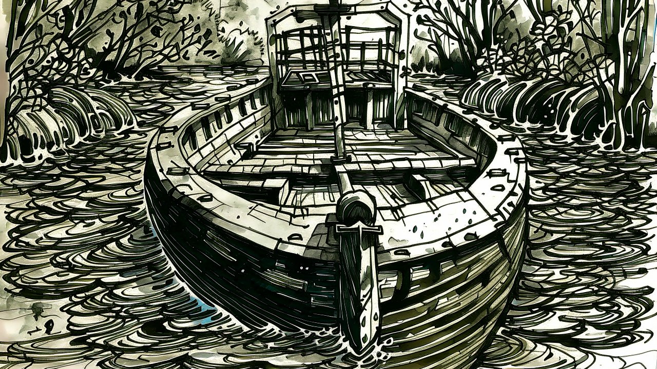 Ink Drawing of a Boat in a Lock Surrounded by Water and Trees