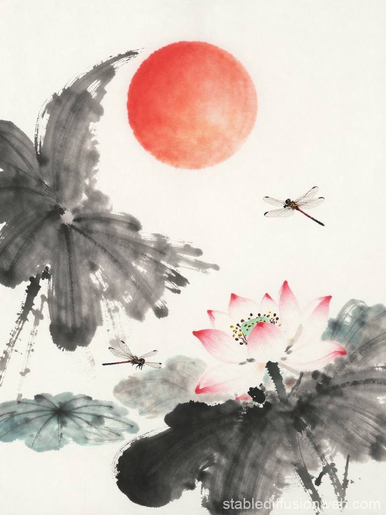 Ink Lotus and Dragonflies with Red Sun
