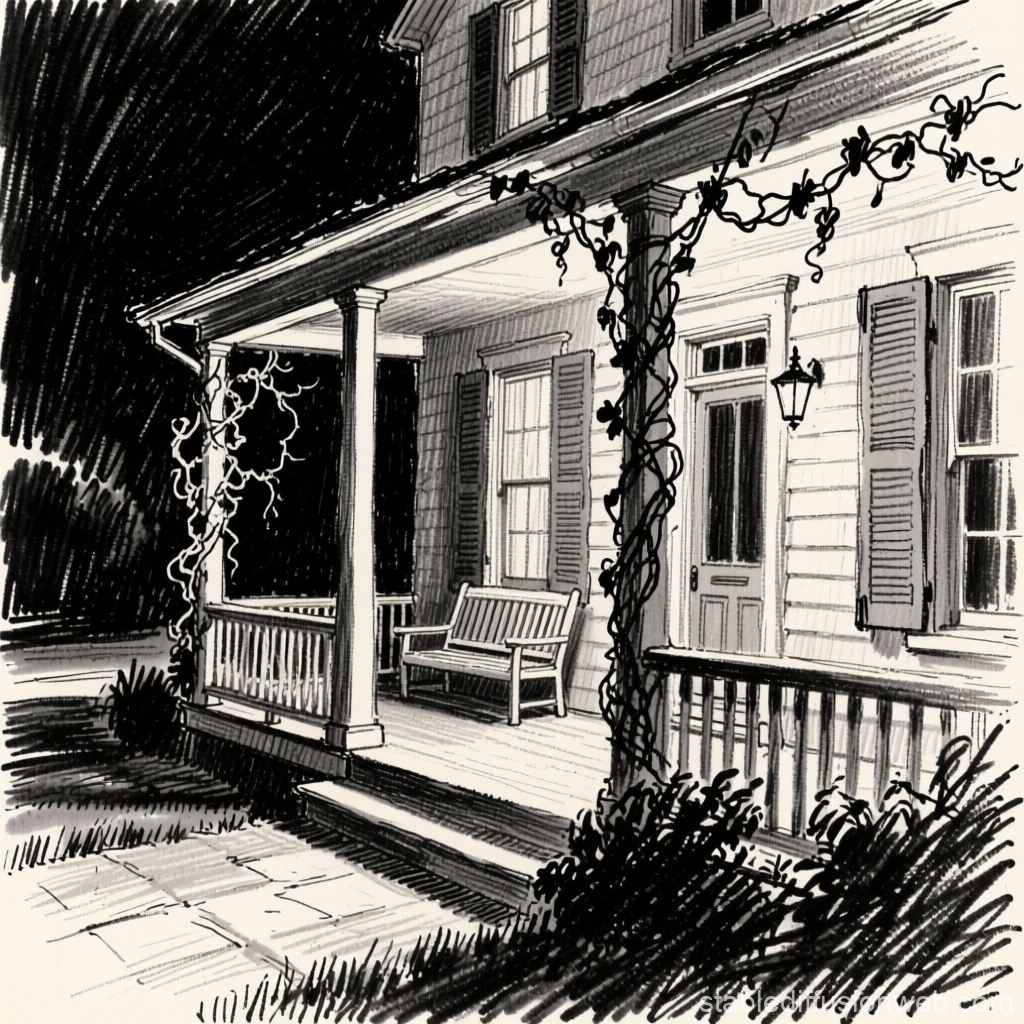 Ink Sketch of a French Farmhouse Porch at Night