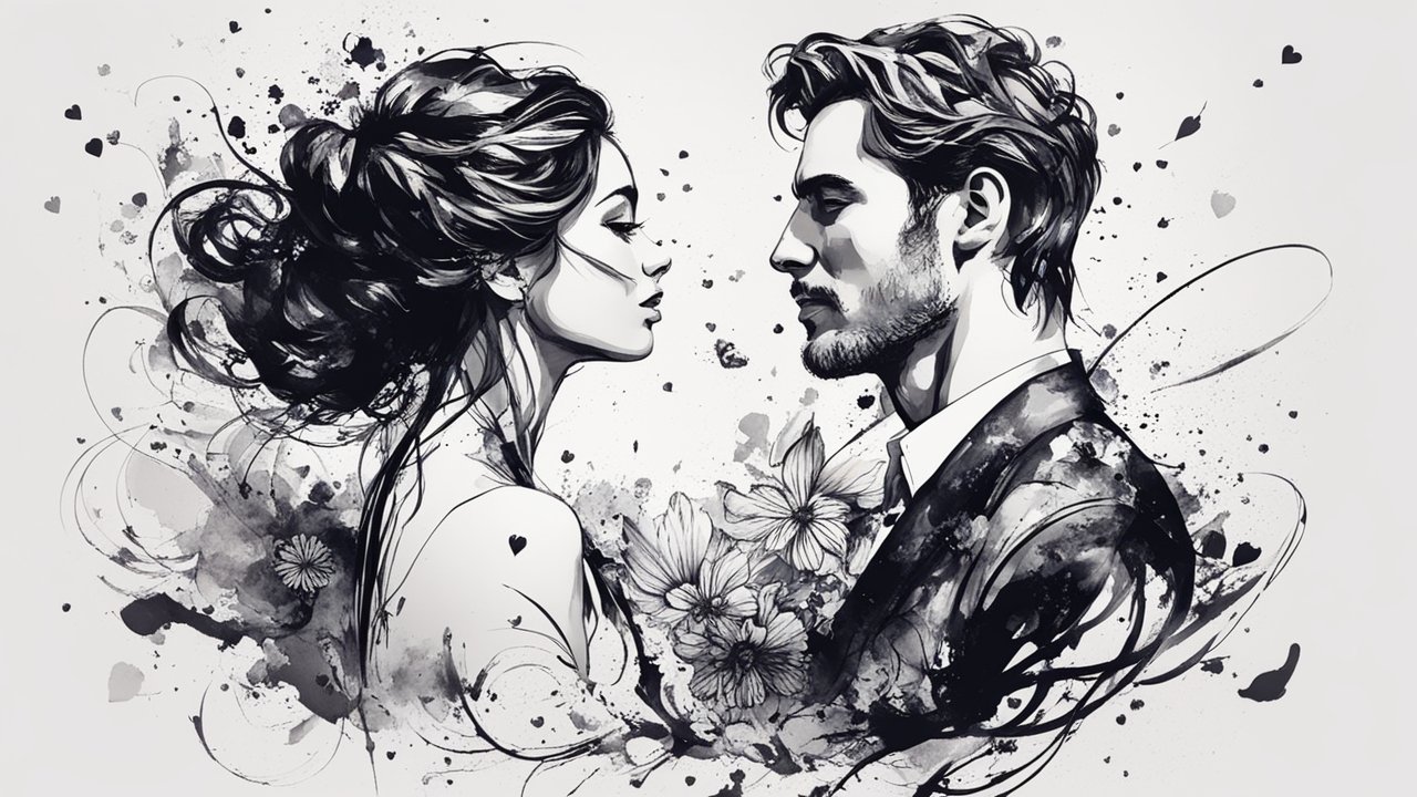 Ink Style Romantic Couple Portrait in Black and White