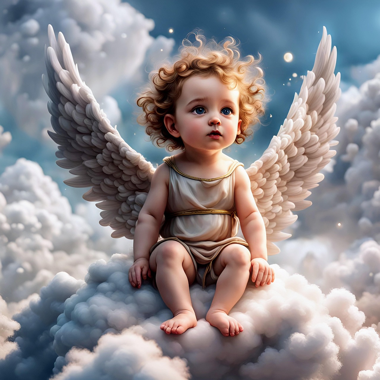 Innocent Angelic Child Sitting on Clouds