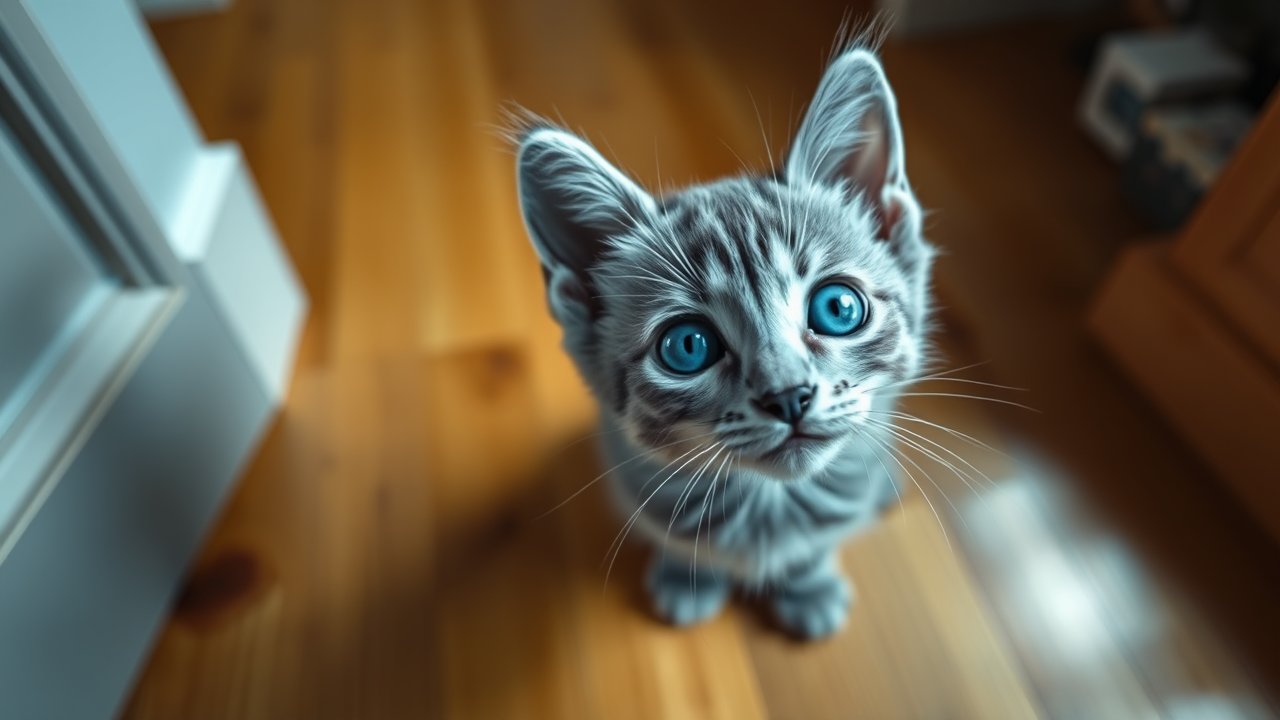 Innocent Blue-Eyed Kitten Looking Up