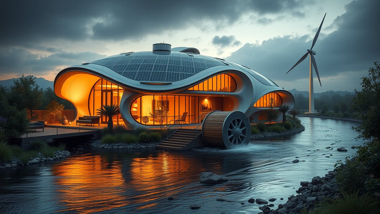 Innovative Eco-Friendly Home with Solar Panels and Water Wheel