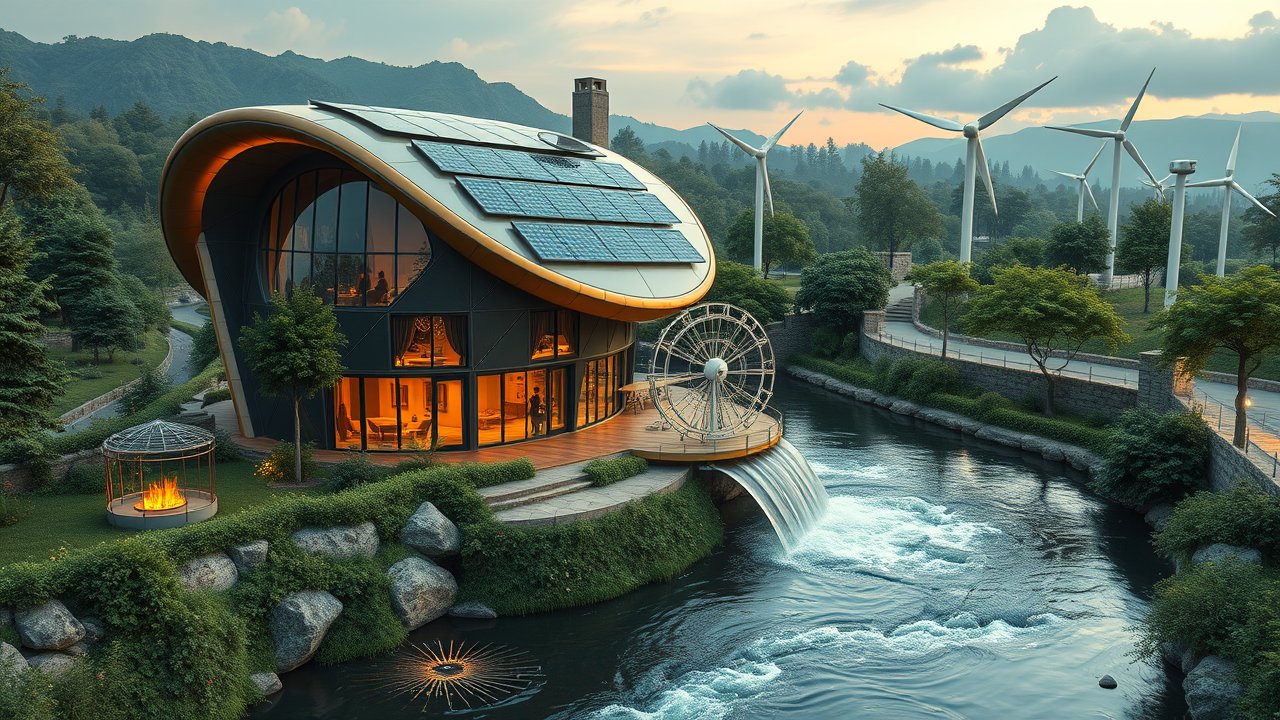 Innovative Eco-Friendly House with Solar Panels and Wind Turbines