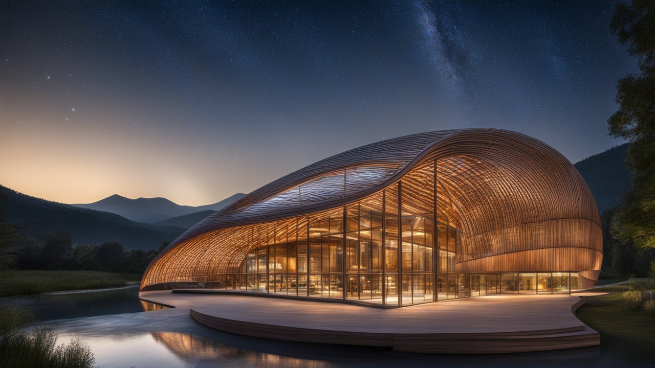 Inspirational Modern Curved Wooden Building at Night