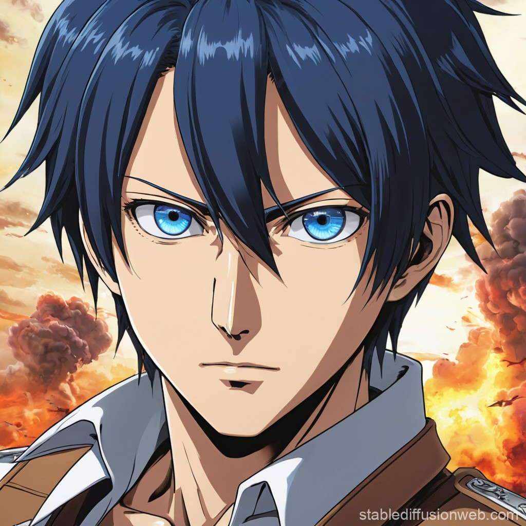 Intense Anime Character with Blue Eyes and Dark Hair