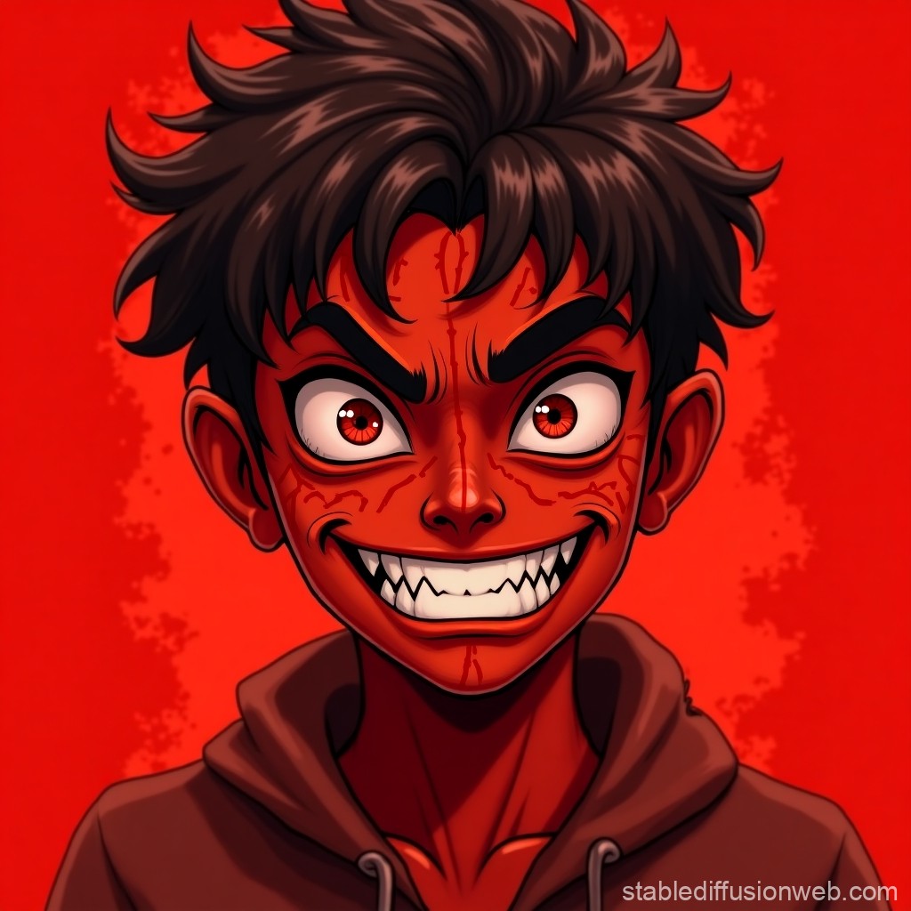 Intense Anime Character with Fiery Red Skin and Fierce Expression