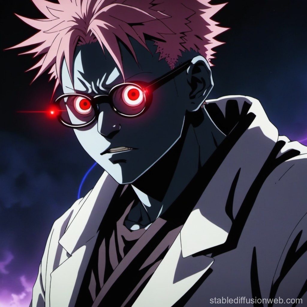 Intense Anime Character with Glowing Red Eyes