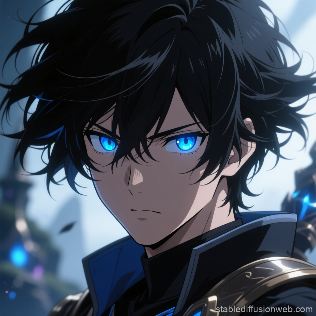 Intense Anime Hero with Glowing Blue Eyes