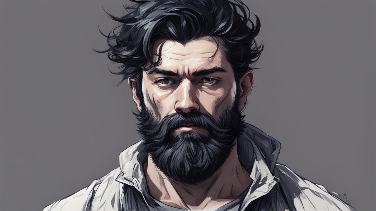 Intense Bearded Man Portrait Illustration