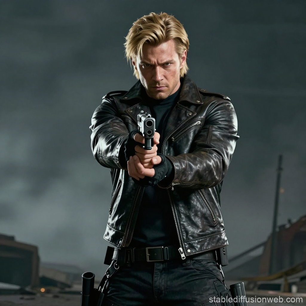 Intense Blonde Man in Black Leather Jacket Aiming Gun