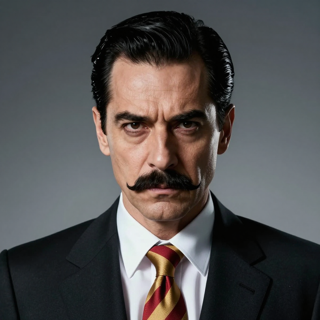 Intense Businessman with Classic Mustache in Formal Suit