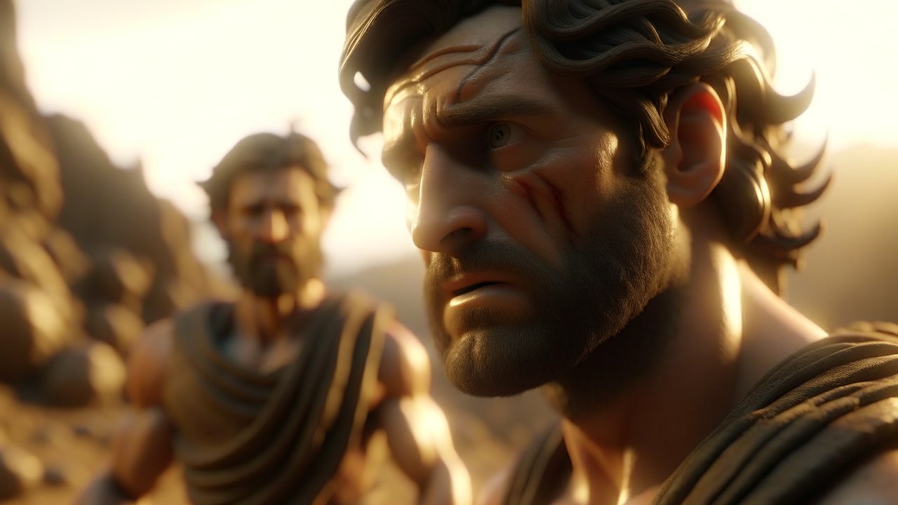 Intense Close-Up of Scarred Warrior in Ancient Setting