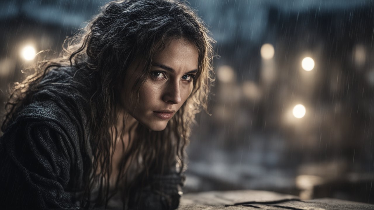 Intense Close-Up of Woman in Rainy Night