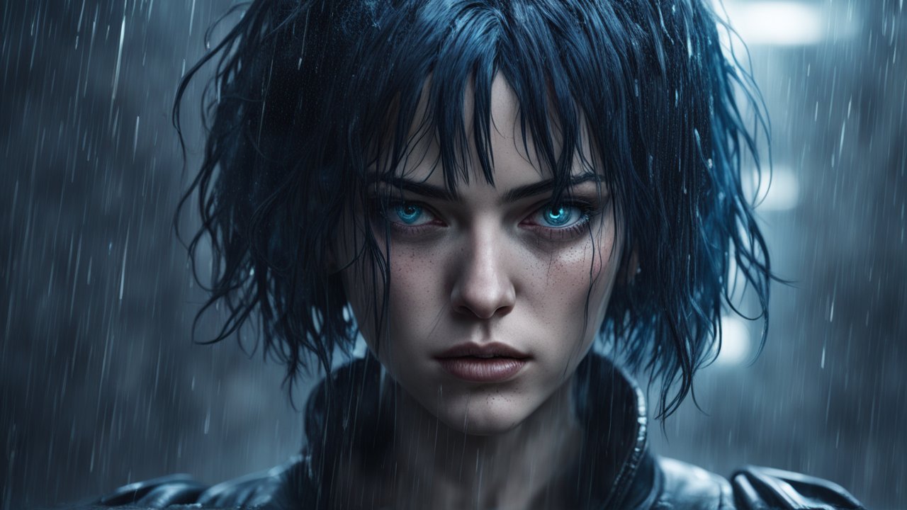 Intense Cyberpunk Woman with Blue Hair in the Rain