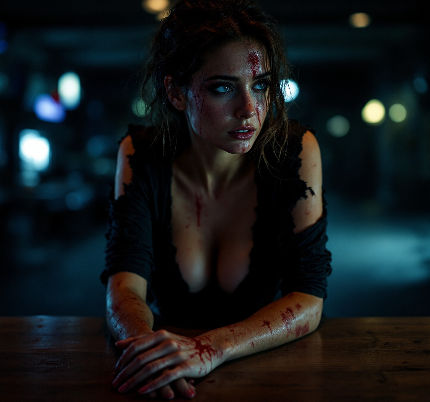 Intense Emotional Portrait of a Woman with Blood Stains