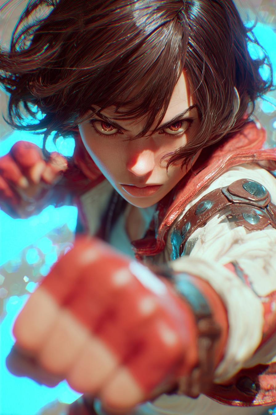 Intense Female Fighter in Dynamic Action Pose