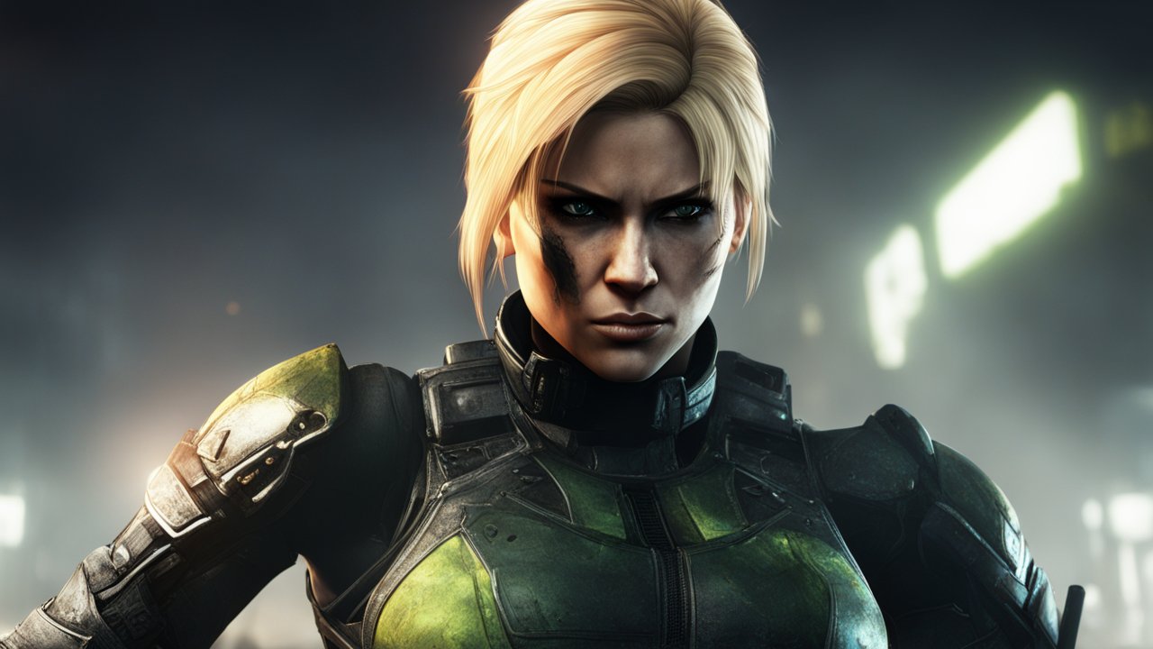 Intense Female Soldier in Futuristic Armor