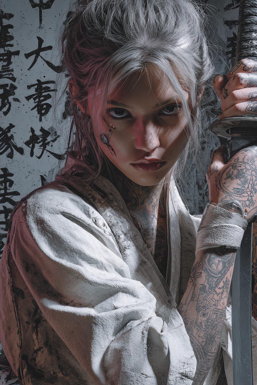 Intense Female Warrior with Sword and Tattoos