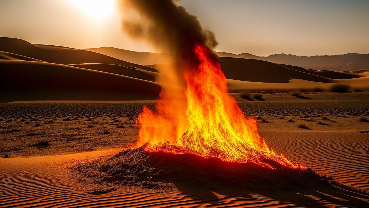 Intense Fire Burning in Desert Sand Dunes at Sunset
