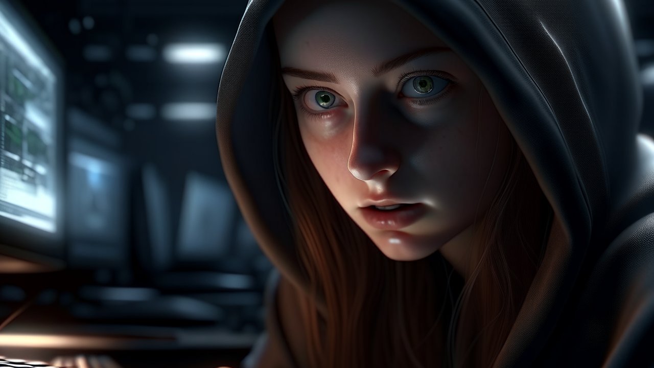 Intense Focus of a Hooded Hacker in a Dark Room