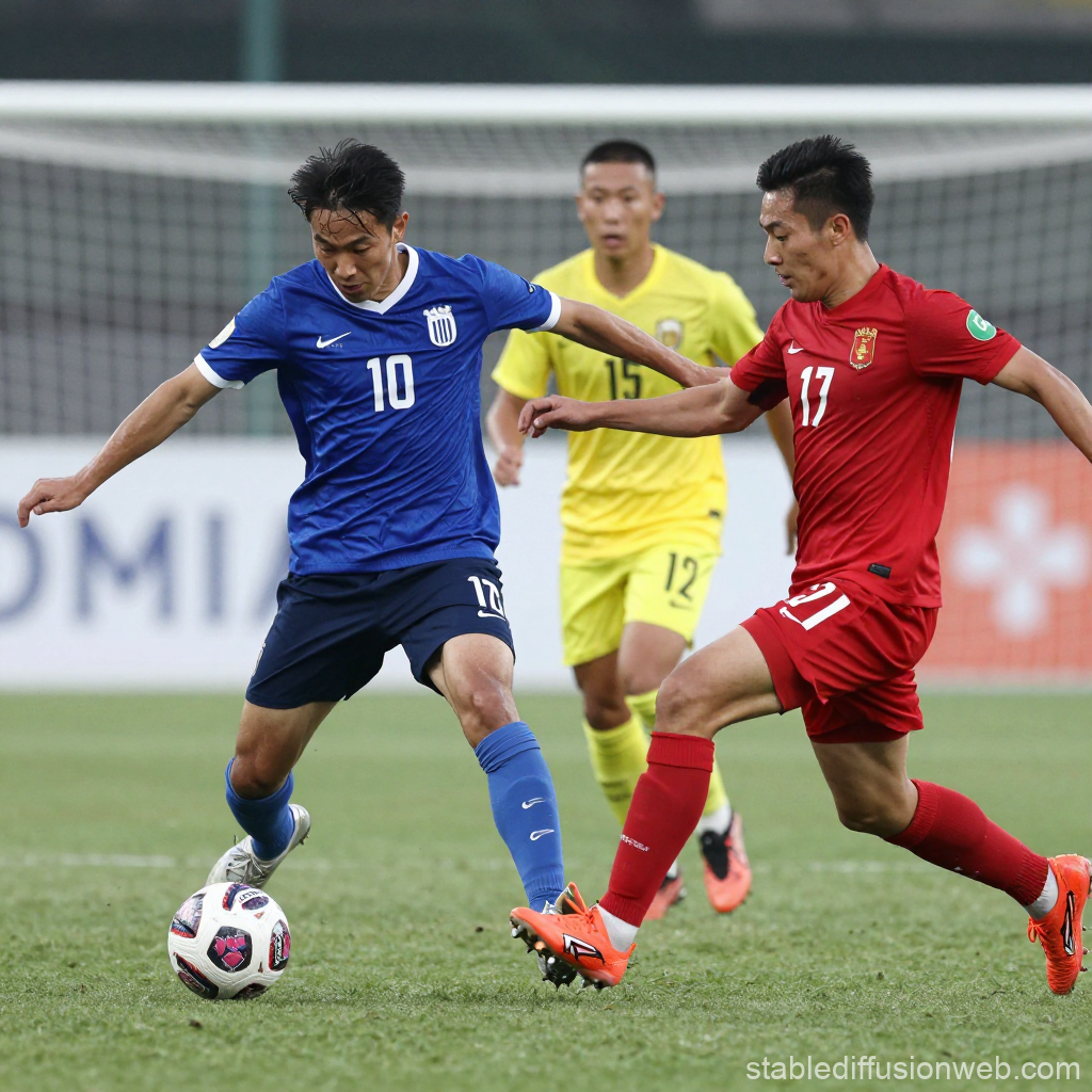 Intense Football Match Action with Players Competing for the Ball