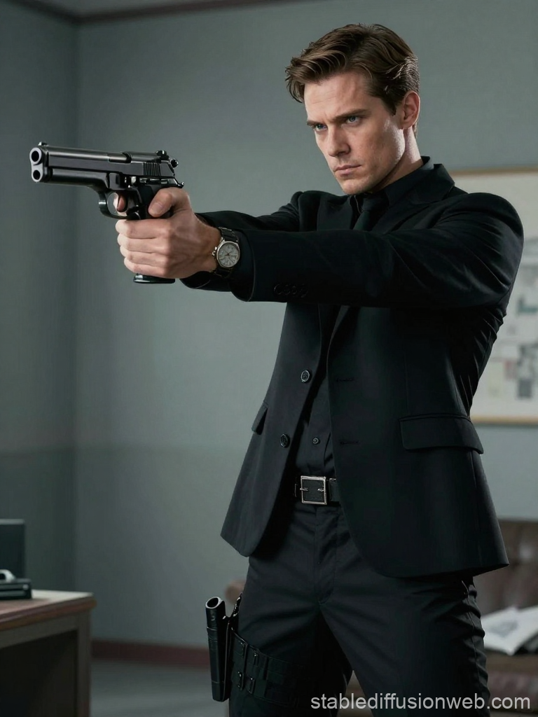 Intense Man in Black Suit Aiming Pistol