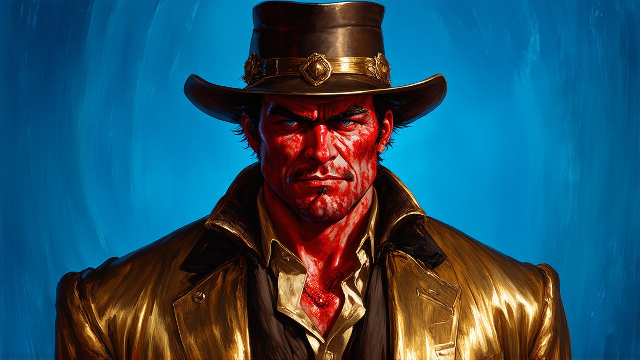 Intense Portrait of a Bloodied Cowboy in Burnished Gold Coat