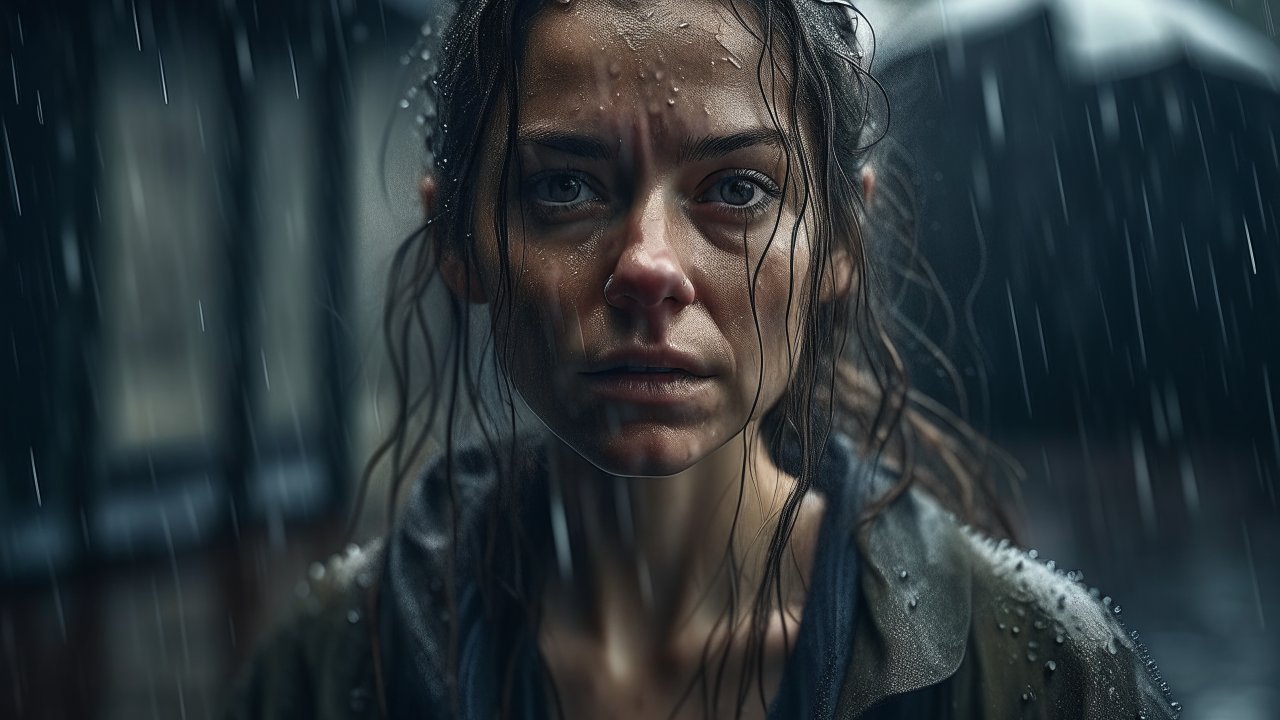 Intense Portrait of a Woman in the Rain