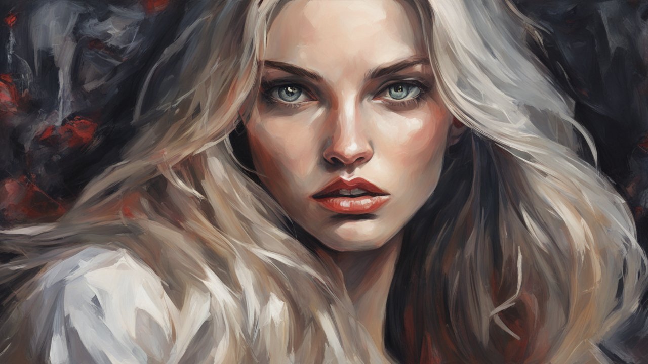Intense Portrait of a Woman with Flowing Blonde Hair
