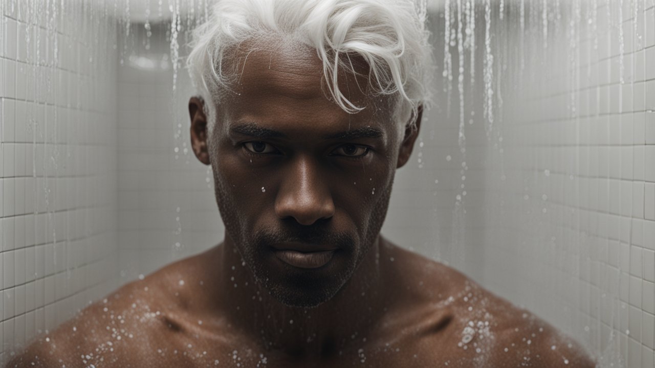 Intense Portrait of Man with White Hair in Shower