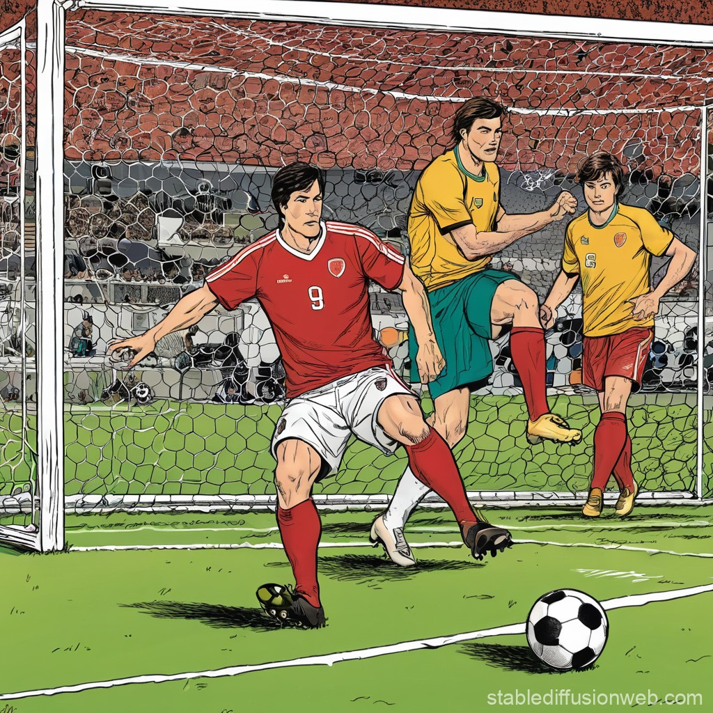 Intense Soccer Match Near Goalpost