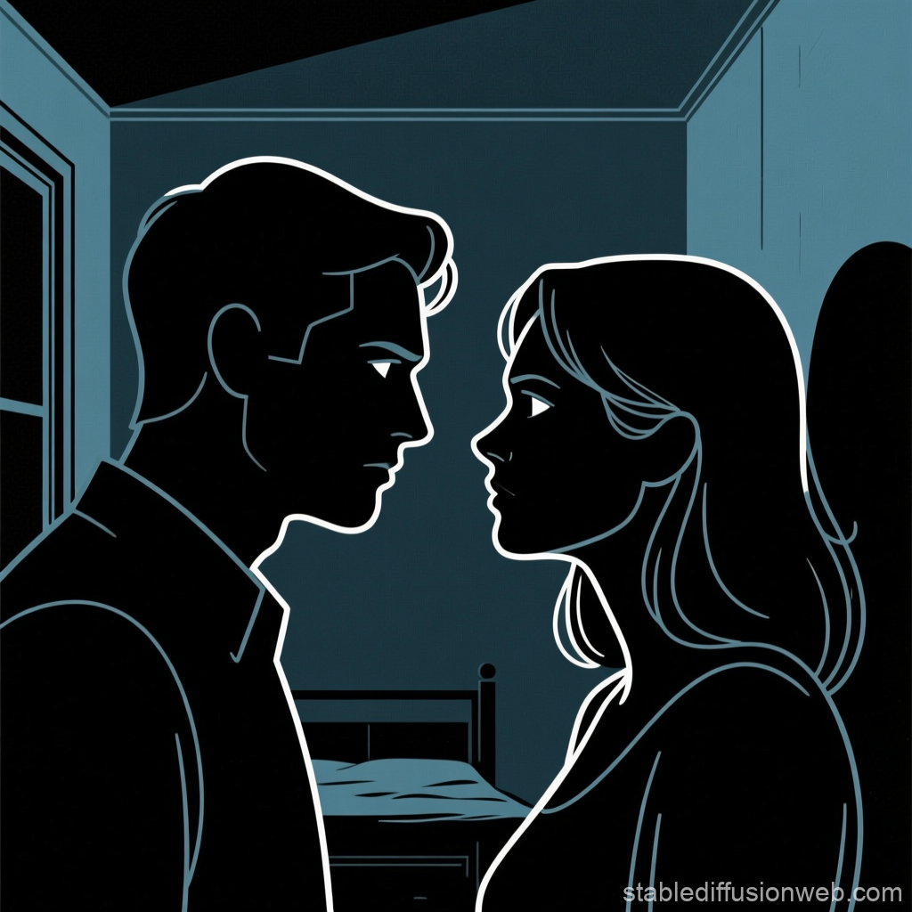 Intense Stare Between Silhouetted Couple in Dark Room