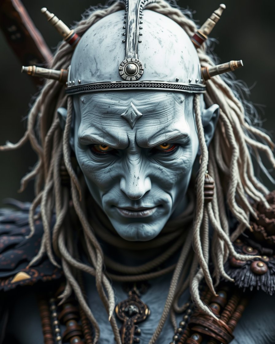 Intense Tribal Warrior with White Skin and Ornate Helmet