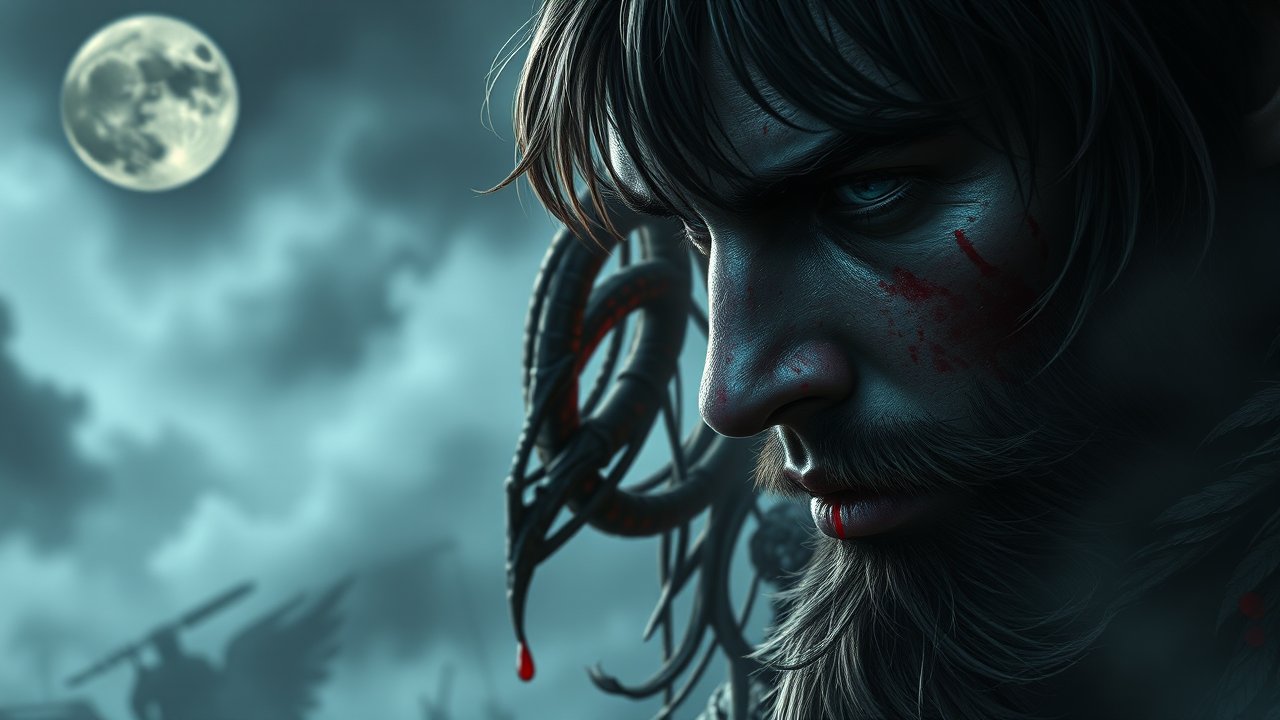 Intense Warrior Under a Full Moon