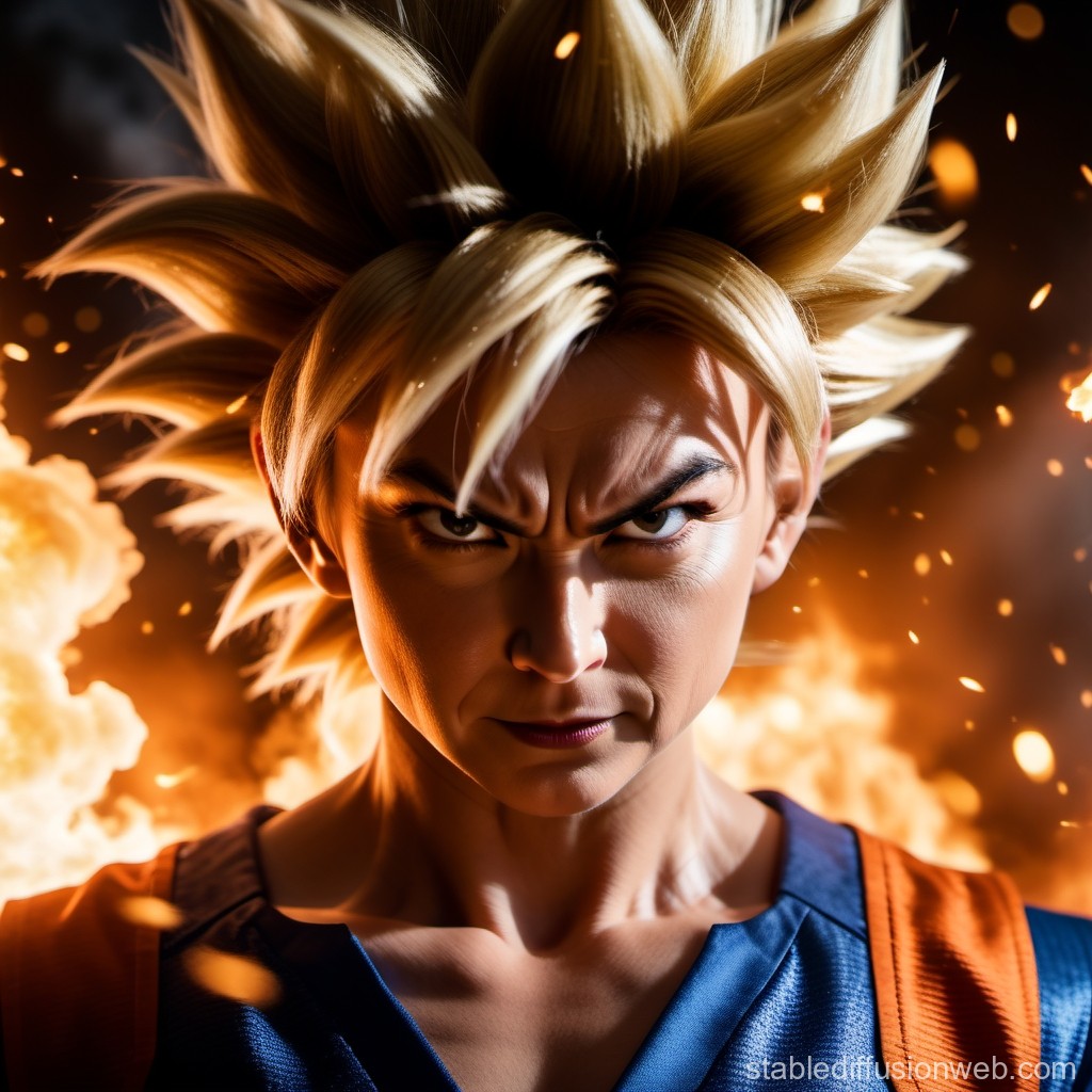 Intense Warrior with Spiky Blonde Hair and Fiery Background