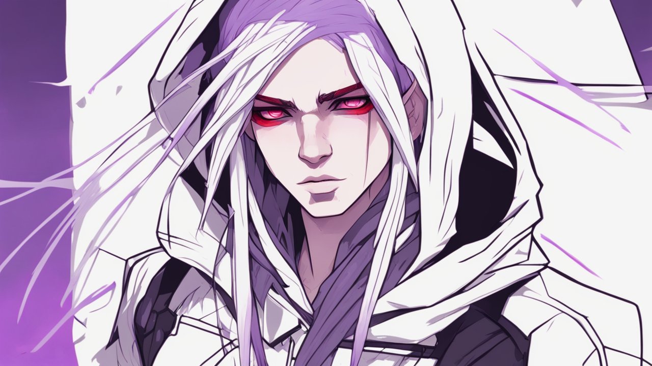 Intense White-Haired Elf with Red Eyes in Hooded Cloak
