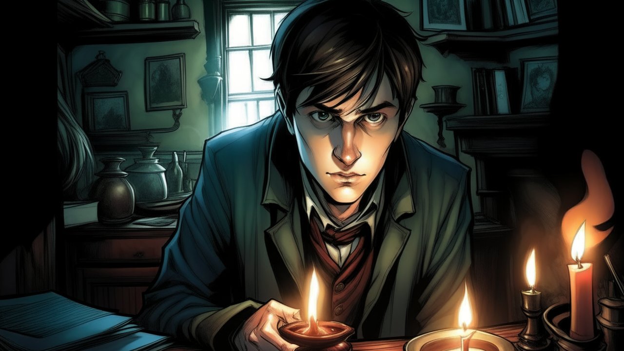 Intense Young Man in Candlelit Room