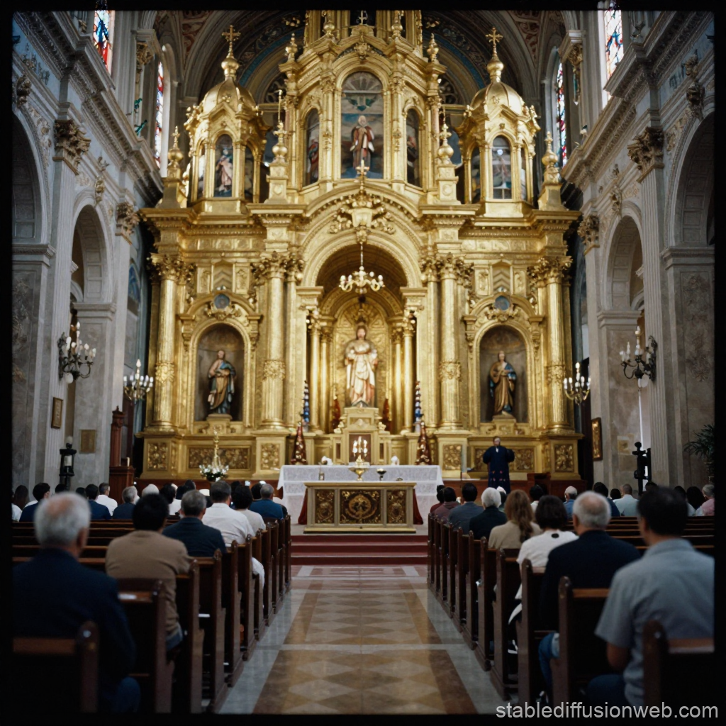 Interior of a Golden Baroque Church with Congregation