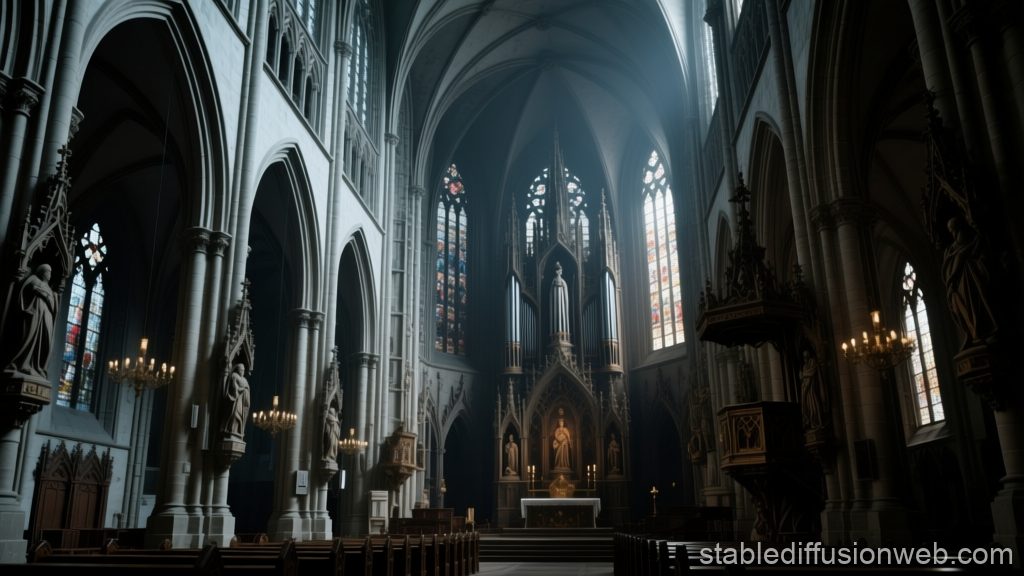 Interior of a Gothic Catholic Cathedral with Stained Glass