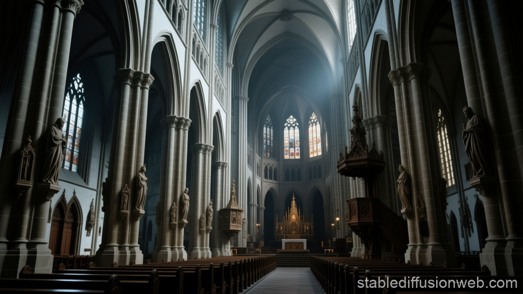 Interior of a Gothic Catholic Cathedral with Stained Glass Windows