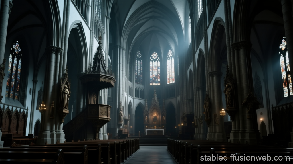 Interior of a Gothic Catholic Cathedral with Stained Glass Windows